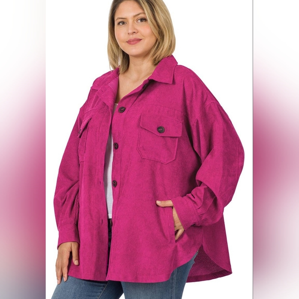 Corduroy Button Front Shacket Magenta
